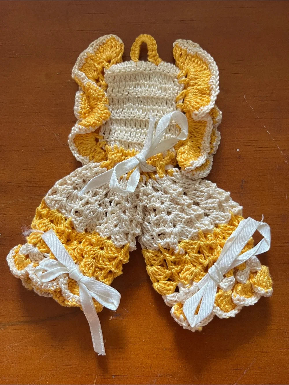 Vintage Handmade Yellow Gold & White Crochet Doll Dress & Romper Potholders